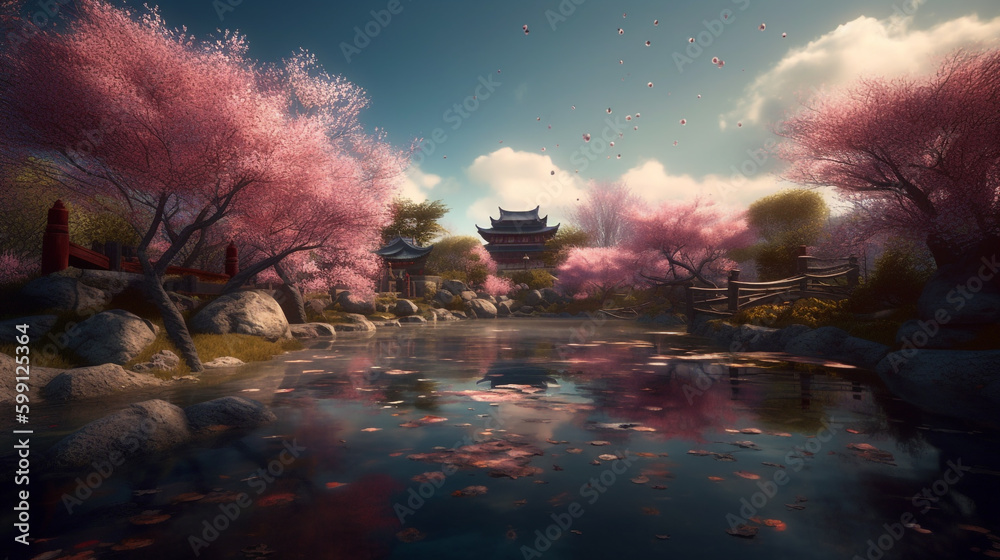 japanese cherry blossoms landscape. Generative AI japanese cherry blossoms landscape. Generative AI
