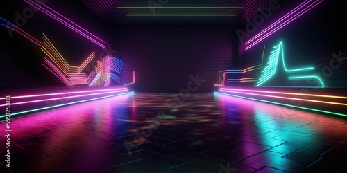 a room with neon lights and a tiled floor