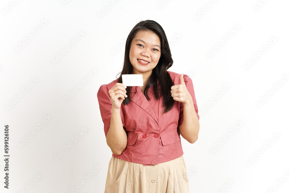 Holding and Showing Blank Credit Card Of Beautiful Asian Woman Isolated On White Background