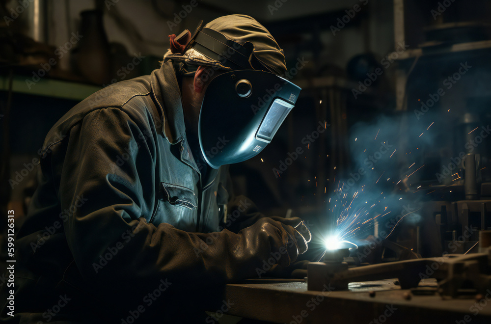 Men at work in factory welding steel, producing sparks, fire, and smoke; safety masks protect skilled craftsmen amid metalwork, construction, and manual labor, ensuring production and industry safety. Men at work in factory welding steel, producing sparks, fire, and smoke; safety masks protect skilled craftsmen amid metalwork, construction, and manual labor, ensuring production and industry safety.