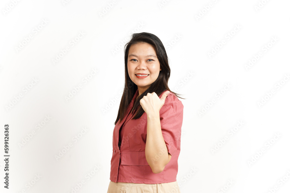 Showing Product and Pointing Side using Thumb Of Beautiful Asian Woman Isolated On White Background Showing Product and Pointing Side using Thumb Of Beautiful Asian Woman Isolated On White Background