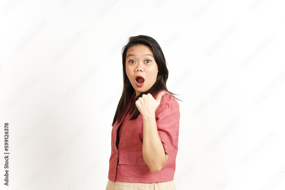 Showing Product and Pointing Side using Thumb Of Beautiful Asian Woman Isolated On White Background Showing Product and Pointing Side using Thumb Of Beautiful Asian Woman Isolated On White Background