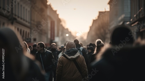 he rush hour chaos: a blurry urban scene in people crowd in city motinon, generative ai