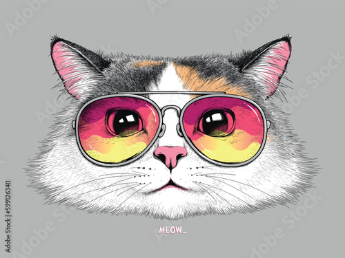 Beautiful calico cat in sunglasses. Realistic sketch. Meow illustration. Stylish image for printing on any surface