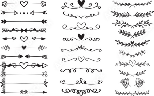 Hand drawn vector dividers, Hearts divider, doodle botanical decorative set