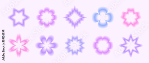 Y2k smooth gradient flowers set. Pastel blurry flower aura collection. Abstract blurred trendy elements for logo, templates, badges, stickers. Vector illustration pack 