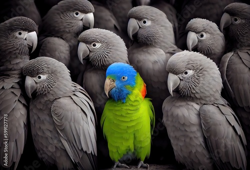 Parrot Sticking Out In A Crowd Background Generative AI photo