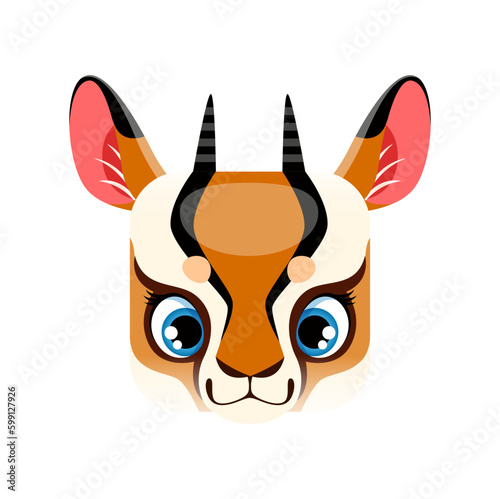 Gazelle cartoon kawaii square animal face, cute springbok isolated vector character icon. African hoofed creature portrait, app button, graphic design element