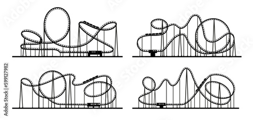 Roller coaster loop, rollercoaster silhouette or amusement park rides, vector track. Funfair carnival roller coaster loop silhouette, entertainment and theme park attraction rides on rollercoaster