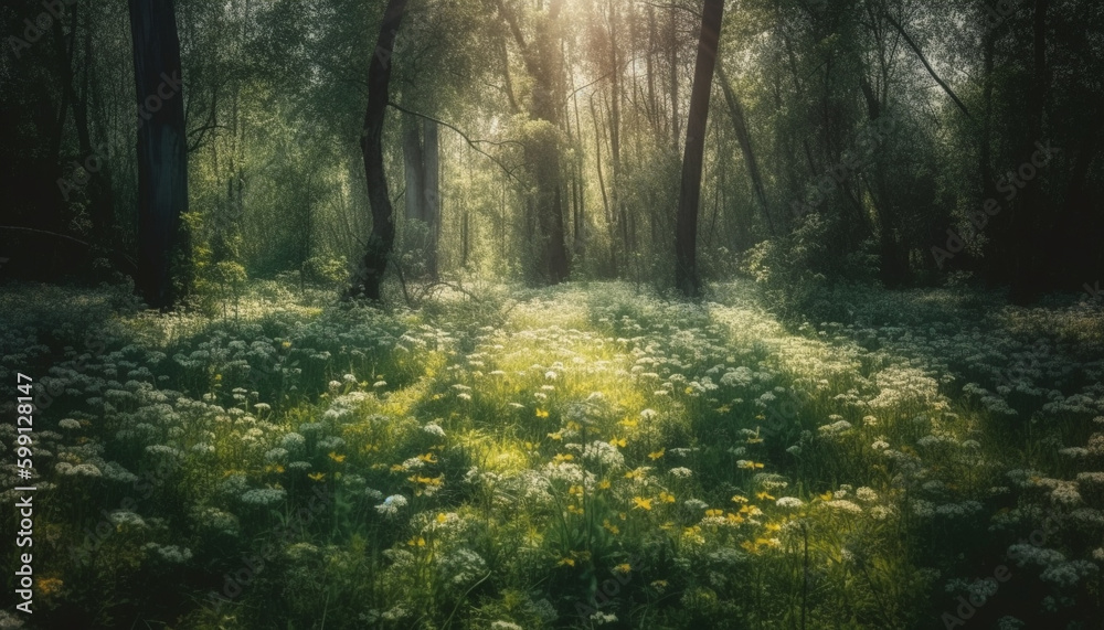 Sunlit meadow, wildflowers blossom in tranquil scene generated by AI