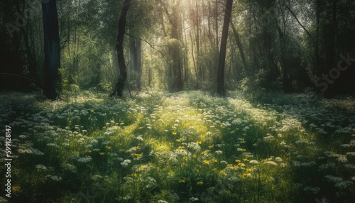 Sunlit meadow, wildflowers blossom in tranquil scene generated by AI