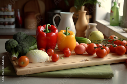 Fresh vegetables and fruits on a wooden cutting board on the kitchen table. Ai generative