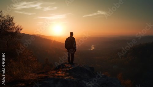 Standing backpack silhouette, hiking mountain peak adventure generated by AI