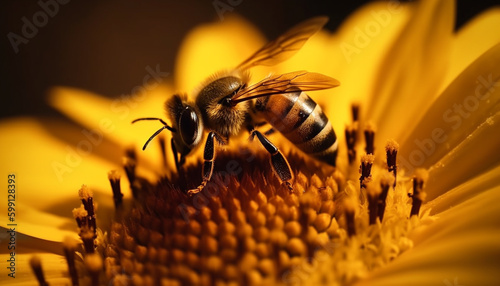 Busy honey bee collecting pollen from flower generated by AI