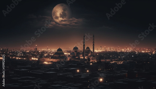 Spiritual skyline illuminated by ancient minarets at dusk generated by AI
