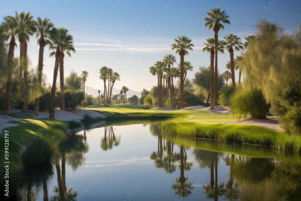 A tropical golf course surrounded by palm trees and water under a bright summer sun created with Generative AI technology
