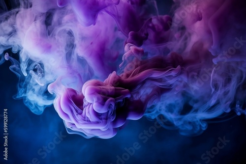 Mist texture. Color smoke. Paint water mix. Mysterious storm sky. Blue purple glowing fog cloud wave abstract art background