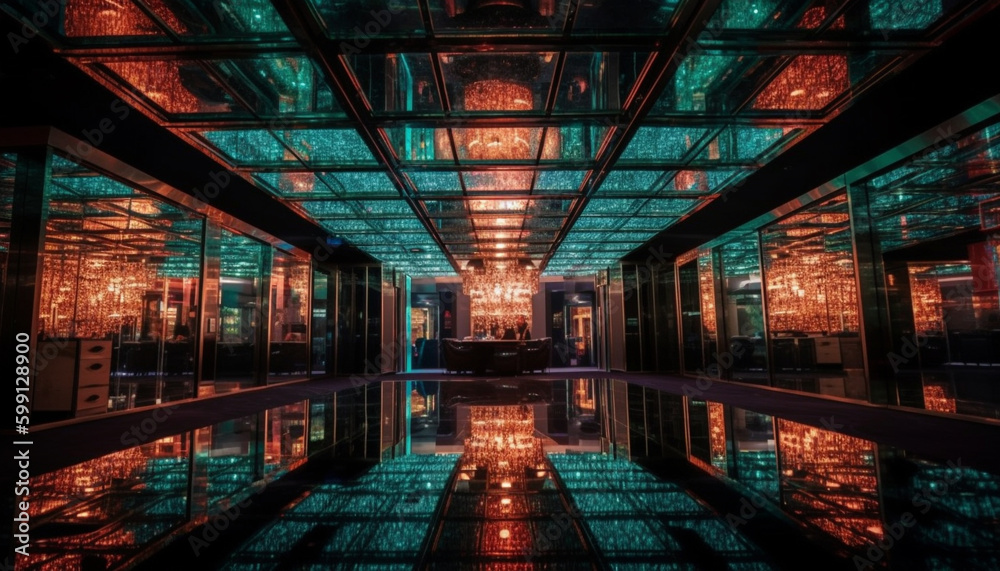 Futuristic architecture reflects in bright illuminated glass generated by AI Futuristic architecture reflects in bright illuminated glass generated by AI