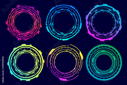 HUD futuristic elements. Abstract optical neon aim. Circle geometric shapes for virtual interface and games. Camera viewfinder for sniper weapon. Vector set
