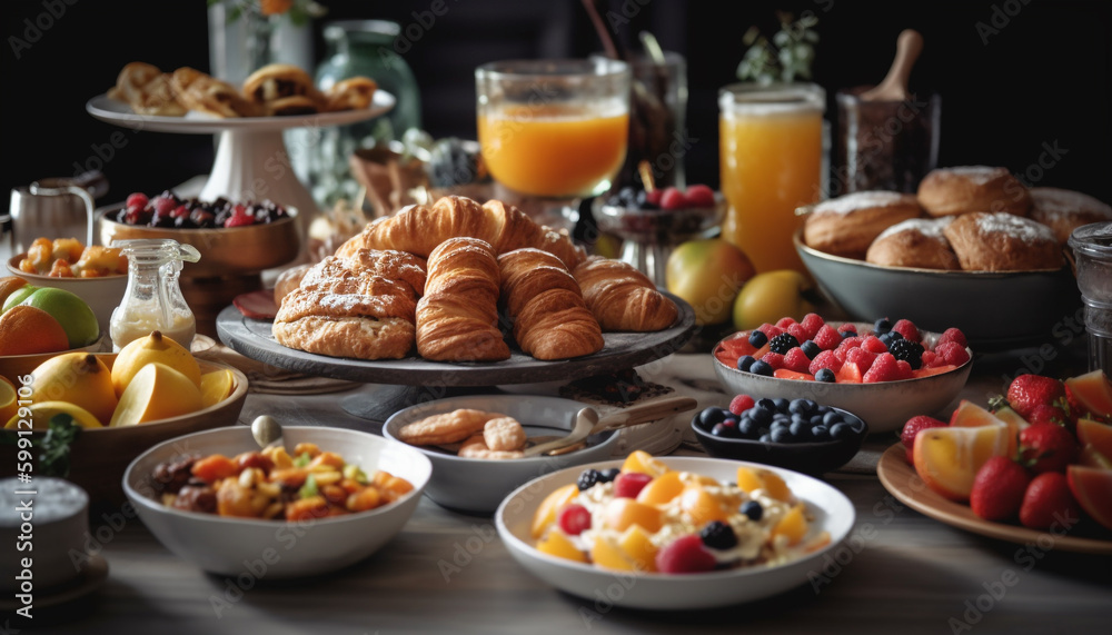Fresh fruit and croissant breakfast on rustic table generated by AI