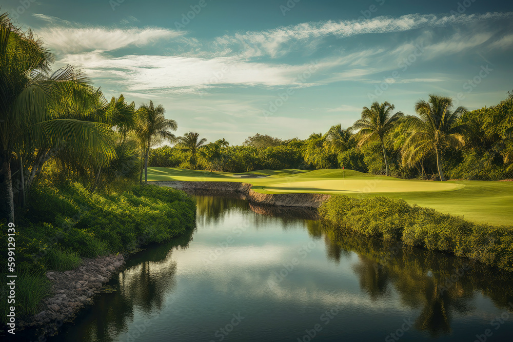 A serene river flowing through a vibrant green tropical golf course on a sunny summer day created with Generative AI technology