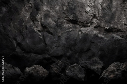 black concrete wall, grunge stone texture, dark gray rock surface background, Generative Ai.