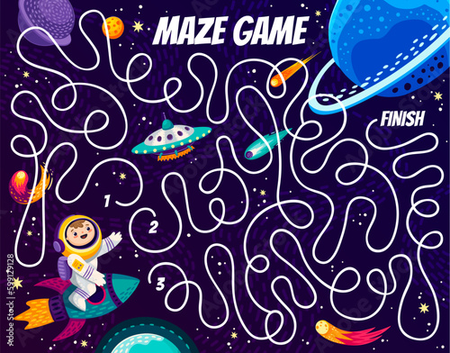 Space labyrinth maze, help to astronaut to find his planet in galaxy. Kids vector board game worksheet with cosmonaut on tangled path with start and finish on cosmic landscape. Cartoon riddle test