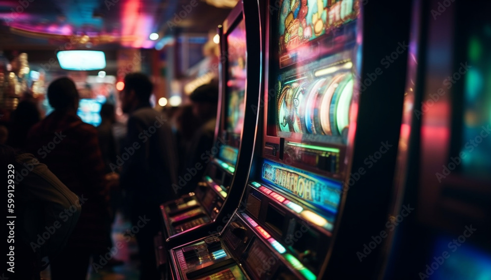 Men and women spin slot machines, illuminated nightlife generated by AI