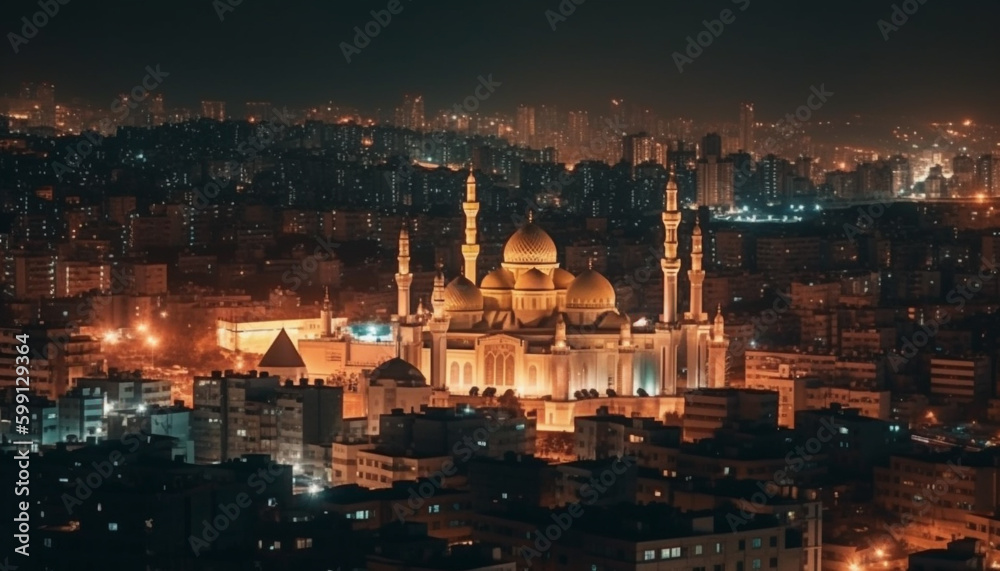 Obraz premium Illuminated minarets light up the city skyline generated by AI
