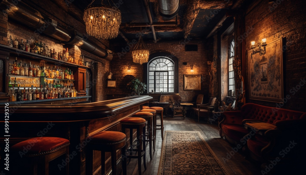 Comfortable chairs illuminate old fashioned pub at night generated by AI