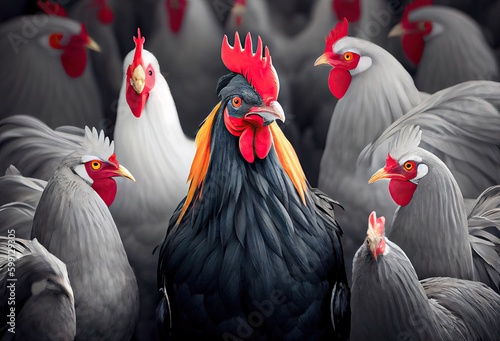 Rooster Standing Out In A Crowd Backdrop Generative AI © Johnathan