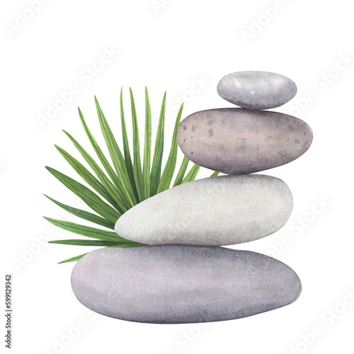 Set zen stones sea pebbles, tropic palm isolated on white background. Watercolor hand drawn spa illustration for design