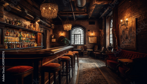 Comfortable chairs illuminate old fashioned pub at night generated by AI © djvstock