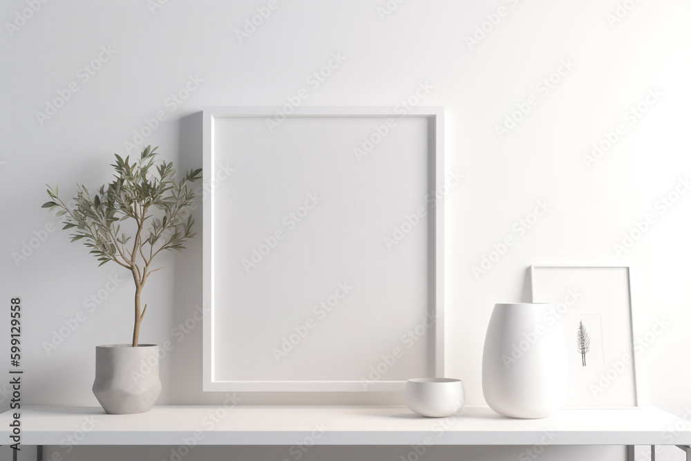white table with white vases and a white frame. Generative Ai white table with white vases and a white frame. Generative Ai