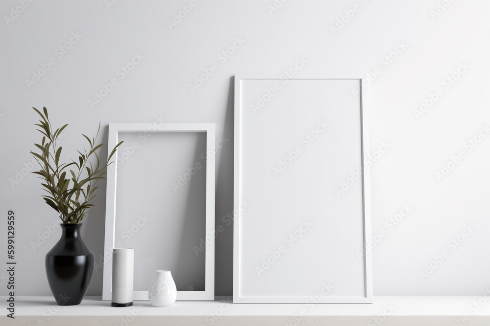 there are two empty frames on a shelf next to a vase. Generative Ai there are two empty frames on a shelf next to a vase. Generative Ai