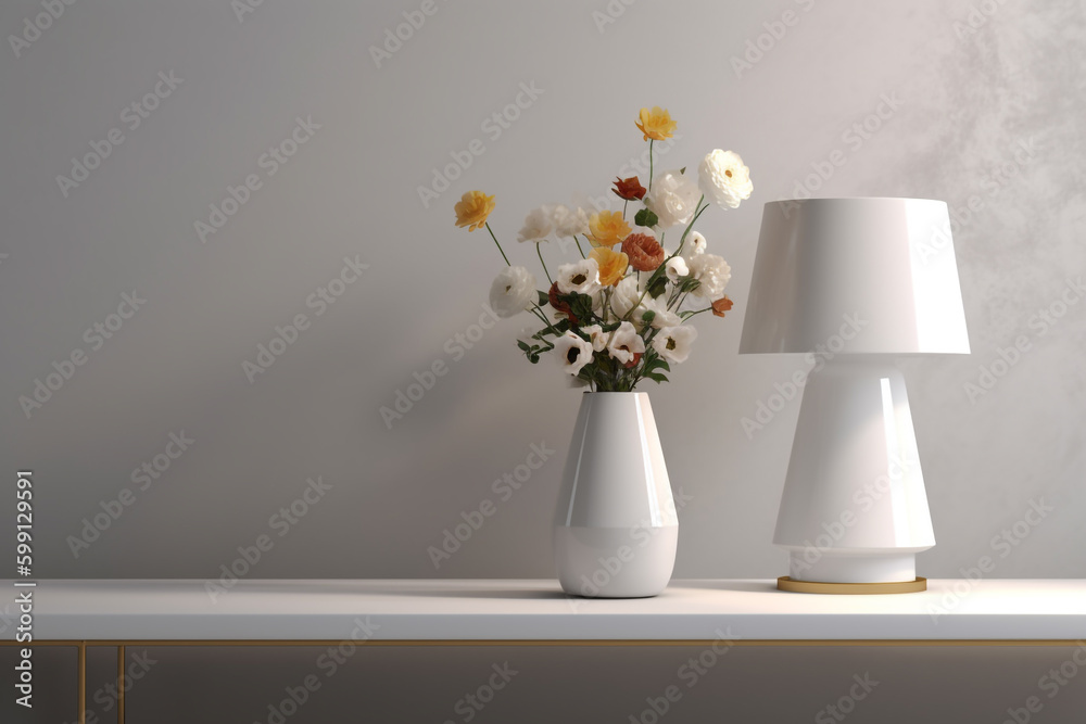 vase with flowers in it sitting next to a lamp. Generative Ai vase with flowers in it sitting next to a lamp. Generative Ai