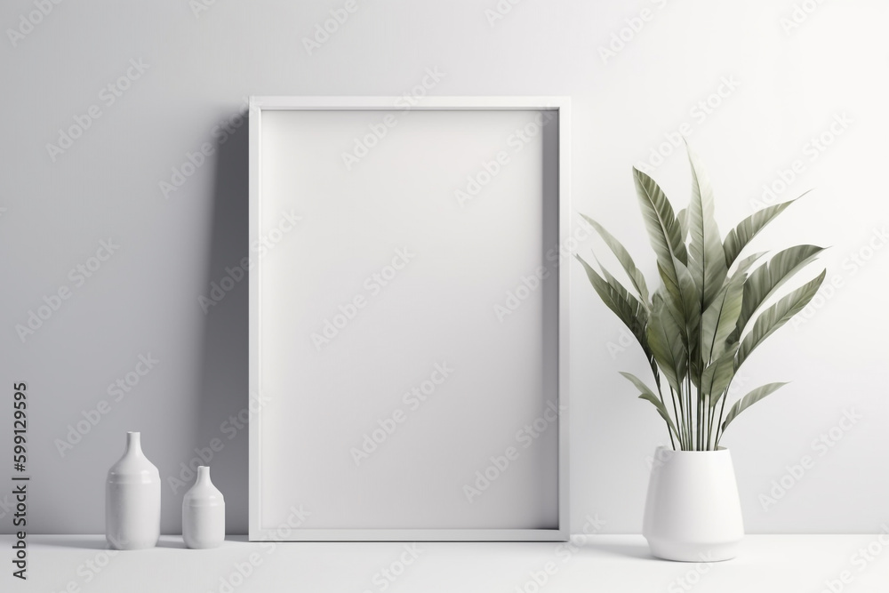 white table topped with vases of flowers and a picture frame. Generative Ai white table topped with vases of flowers and a picture frame. Generative Ai