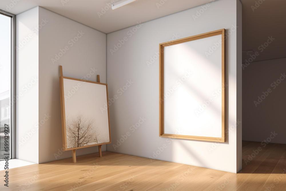 white room with a large window and a painting. Generative Ai white room with a large window and a painting. Generative Ai