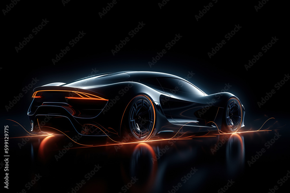 Futuristic neon electric car, transport of future. Silhouette of glowing smooth vehicle in dark studio. Generative AI