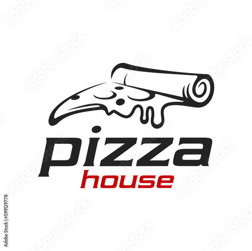 Pizza house icon, Italian restaurant or pizzeria fast food menu vector badge. Pizza delivery sign with pizza slice and cheese drop flow, Italy cuisine or chef restaurant and bakery or cafe emblem