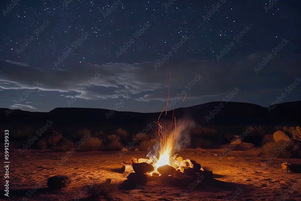 A campfire surrounded by sand dunes under a starry sky in the desert created with Generative AI technology