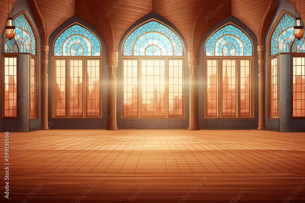 Empty mosque room with arched windows and wooden floors. Ai generative