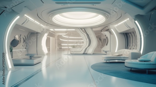 Explore the Award-Winning Futuristic Interior Design with Beige and Dusty Blue Shades, HD Quality, and Bionic Elements, Generative AI