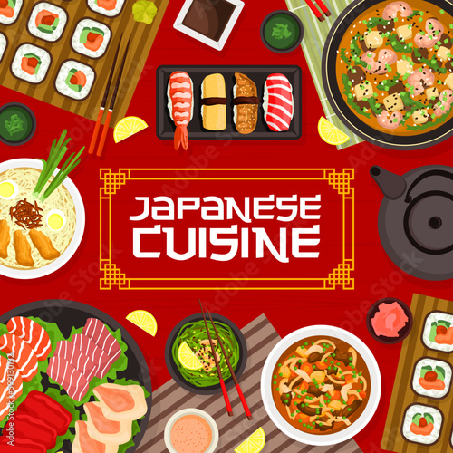 Japanese cuisine restaurant menu cover. Wheat noodle soup with pork ramen, maki sushi and green tea, salmon, tuna and scallop sashimi, marinated ginger, prawn vegetable and soba soup, nigiri sushi