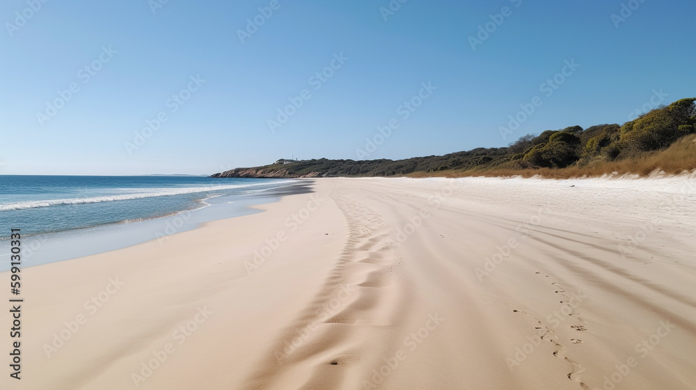 sandy beach with footprints in the sand. Generative Ai