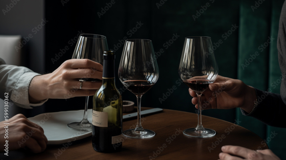 group of people sitting at a wooden table with wine glasses. Generative Ai group of people sitting at a wooden table with wine glasses. Generative Ai