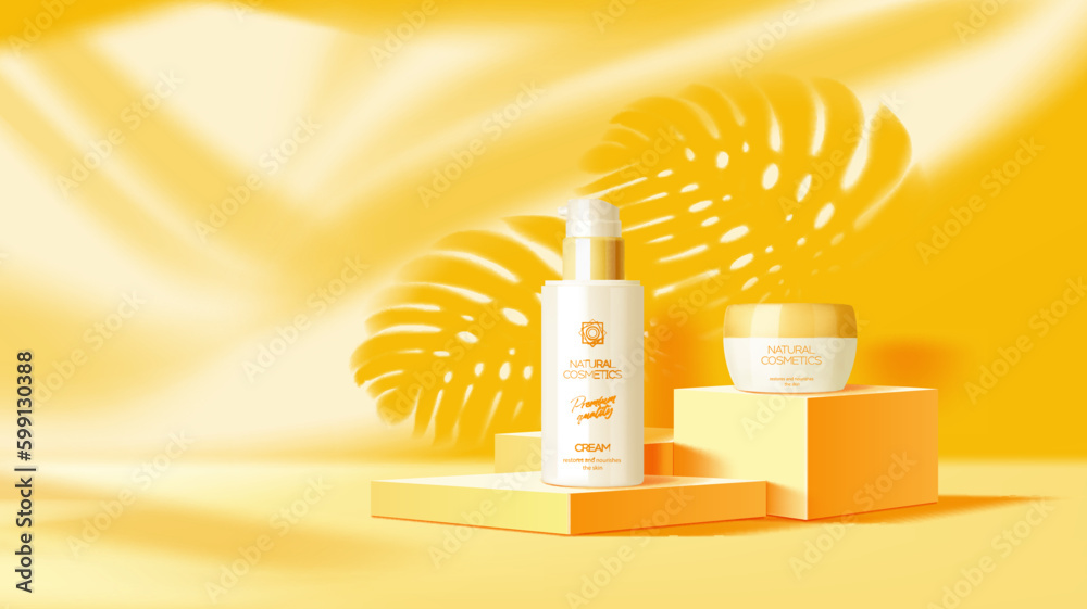 Yellow or orange podium mockup with cosmetics. Luxury cosmetics package promo composition, skincare lotion or cream presentation showcase realistic vector platform with monstera plant leaves shadow - obrazy, fototapety, plakaty 