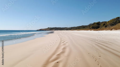 sandy beach with footprints in the sand. Generative Ai