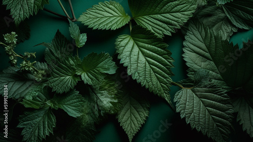 green leaves and green plants on a dark background. Generative Ai