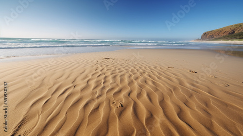  sandy beach near the ocean under a clear blue sky. Generative Ai